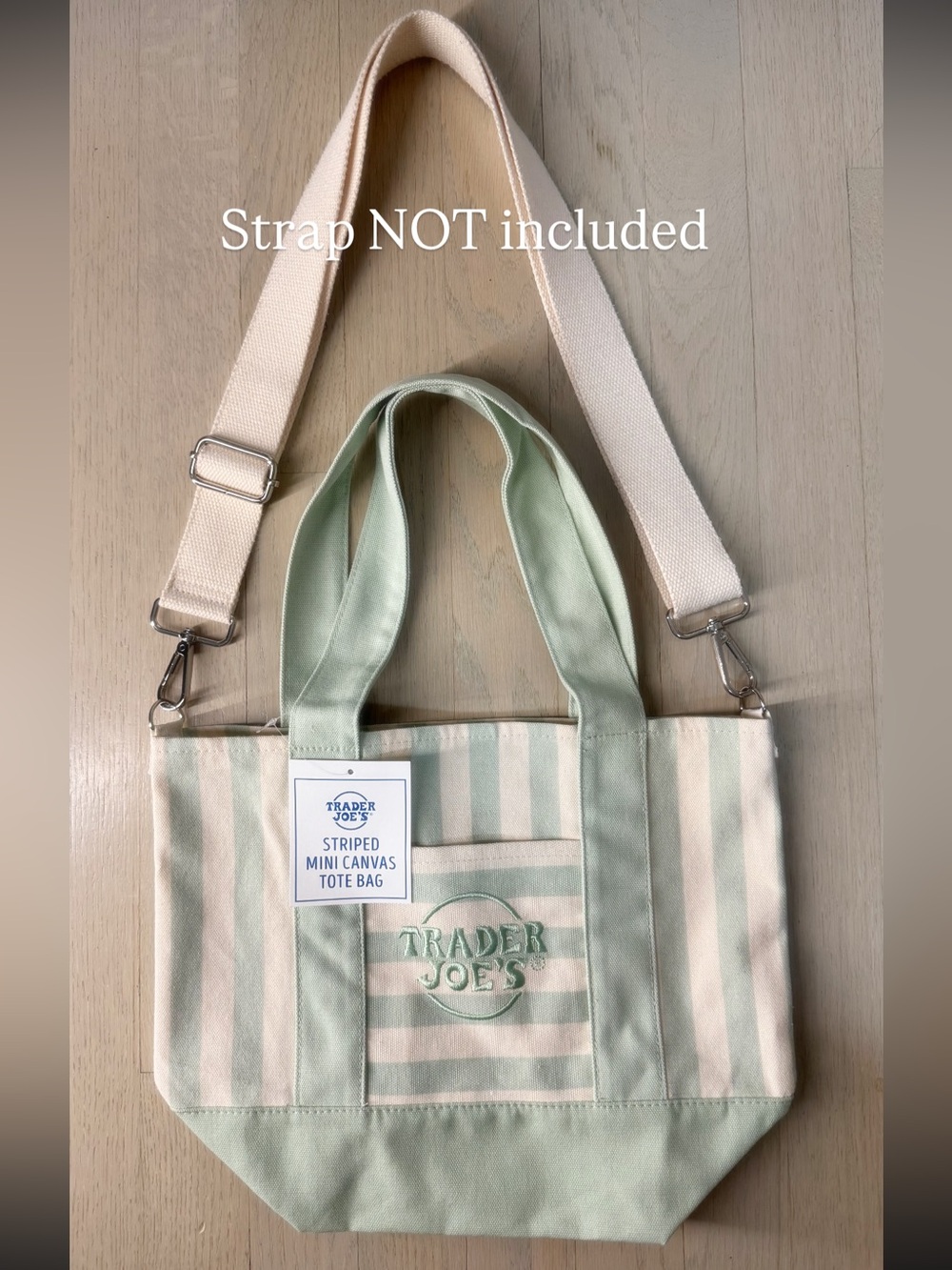 Trader Joe's Striped Canvas Mini
Tote Bag mint cream
Foldable D-ring no strap